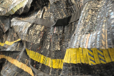 El Anatsui, a closeup of "Adinkra Sasa", 2003. Found aluminium and copper wire.